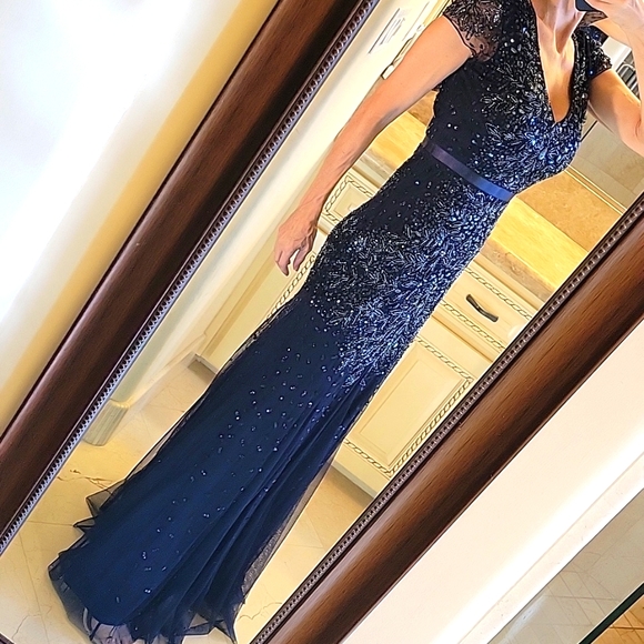 Adrianna Papell Midnight Blue Sequined Gown, Sz 2 - Picture 3 of 17